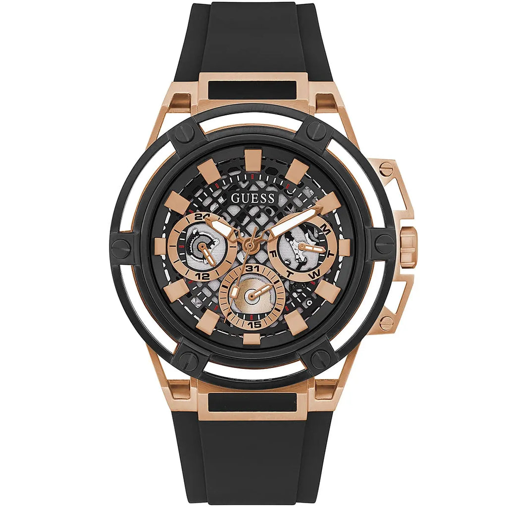 GUESS Rose Gold-Tone and Black Silicone Multifunction Watch